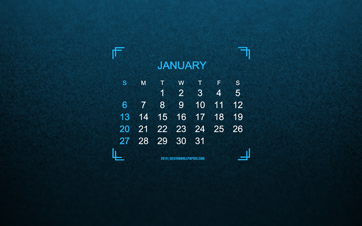 2019 january calendar, blue stylish background, 2019 calendar, january, art, calendar for january 2019, typography, 2019 concepts