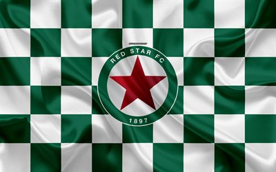2 Red Star FC, 4k, logo, yaratıcı sanat, yeşil ve beyaz damalı bayrak, Fransız Futbol Kul&#252;b&#252;, İzle, Yeni amblemi, ipek doku, Paris, Fransa, futbol