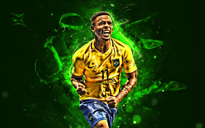 Gabriel Jesus, joy, Brazil National Team, striker, football, forward, soccer, Jesus, neon lights, Brazilian football team