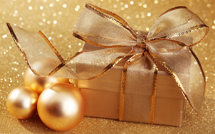Golden Christmas Background, Happy New Year, Christmas, Golden Gift Box, Golden Silk Bow, Golden Christmas Balls