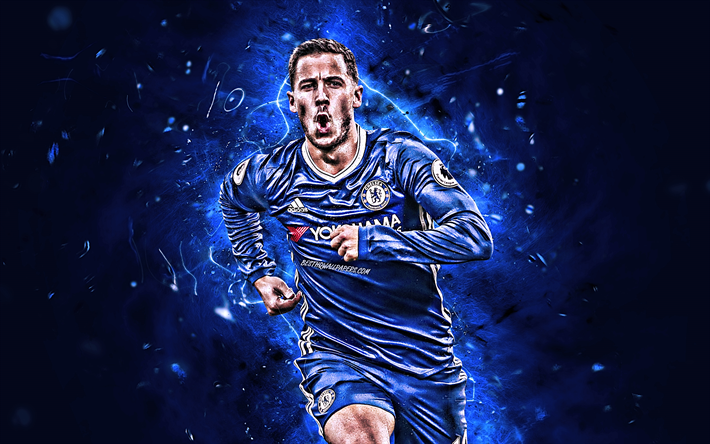 Running Eden Hazard, goal, midfielder, Chelsea FC, belgian footballers, Eden Hazard, soccer, Premier League, Hazard, neon lights, artwork