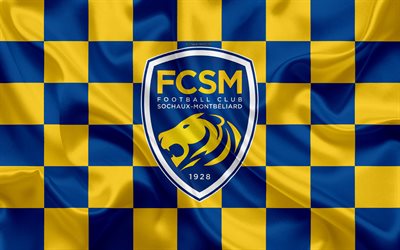 FC Sochaux, 4k, logo, creative art, keltainen sininen ruudullinen lippu, Ranskan football club, League 2, uusi tunnus, silkki tekstuuri, Montbeliard, Ranska, jalkapallo, FC Sochaux-Montbeliard