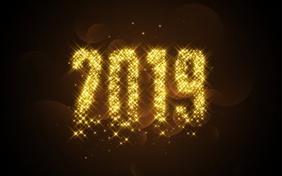 Happy New Year 2019, golden bright letters, bright lights, 2019 golden background, greeting card, 2019 concepts