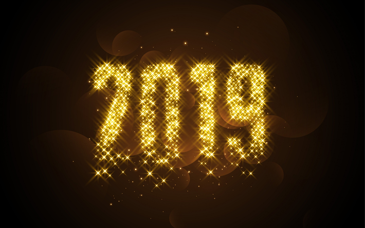 Felice Nuovo Anno 2019, dorato brillante lettere, luci, 2019 golden sfondo, biglietto di auguri, concetti 2019
