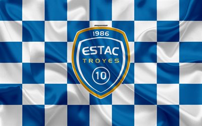 Troyes AC, 4k, logo, creativo, arte, bianco, blu bandiera a scacchi, il calcio francese club di Ligue 2, il nuovo emblema, seta, texture, Troyes, in Francia, il calcio, il Troyes FC