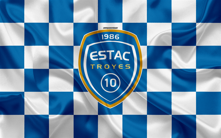 Troyes AC, 4k, logo, art cr&#233;atif, blanc bleu drapeau &#224; damier, club fran&#231;ais de football, Ligue 2, nouvel embl&#232;me de la, soie, texture, Troyes, France, le football, le FC Troyes