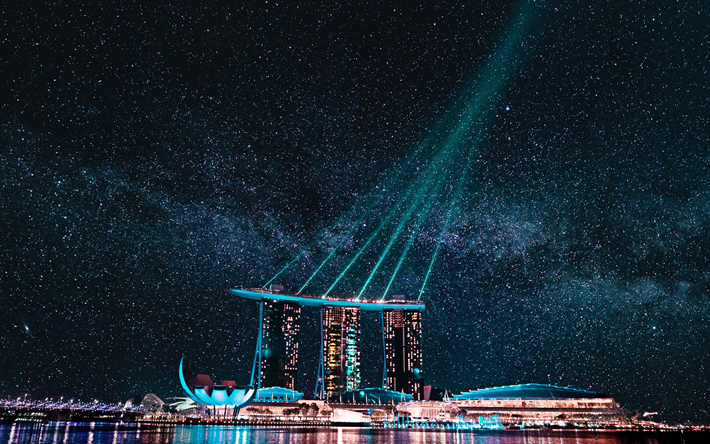 Marina Bay Sands, les paysages nocturnes, ciel &#233;toil&#233;, h&#244;tel de luxe, Singapour, Marina Baie de la nuit