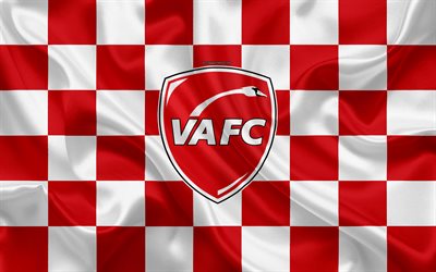 2 Valenciennes FC, 4k, logo, yaratıcı sanat, kırmızı ve beyaz damalı bayrak, Fransız Futbol Kul&#252;b&#252;, İzle, Yeni amblemi, ipek doku, Valenciennes, Fransa, futbol