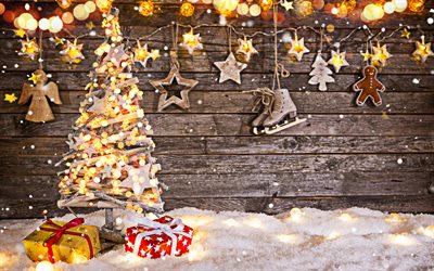 4k, Noel ağacı, hediye kutuları, Noel ışıkları, yılbaşı ağacı, Mutlu Yeni Yıl, kış, ağa&#231;, Noel
