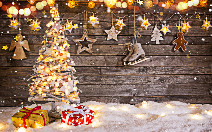 4k, クリスマスツリー, ギフトボックス, クリスマス点灯, 新年のツリー, 謹賀新年, 冬, クリスマス