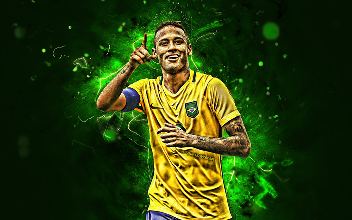 Her, gol, futbol yıldızları, Brezilya Milli Takımı, fan sanat, yeşil arka plan, sevin&#231;, Her JR, futbol, yaratıcı, neon ışıkları, Brezilya futbol takımı