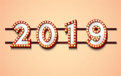 2019 Yıl, Mutlu Yeni Yıl 2019 retro ampuller, casino, 2019 kavram, retro 2019 arka plan, yaratıcı sanat