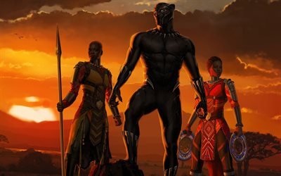 Nakia, Kuningas Wakanda, Okoye, 2018 elokuva, supersankareita, Musta Pantteri