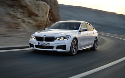 BMW 6 Gran Turismo, 2018, 4k, valkoinen sedan, Saksan autoja, BMW