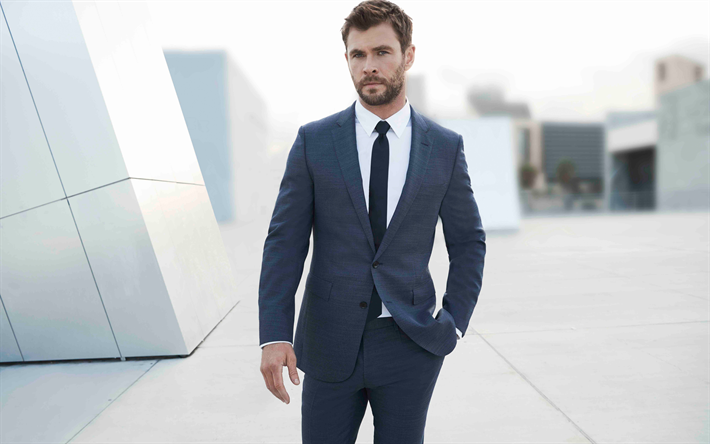 Chris Hemsworth, australian actor, portrait, photoshoot, gray male suit