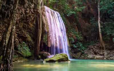 山の滝, ロック, 湖, ペ, エラワン国立公園, タイ