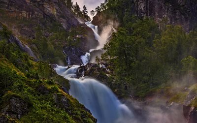 Noruega, 4k, cachoeira, montanhas, ver&#227;o, Europa