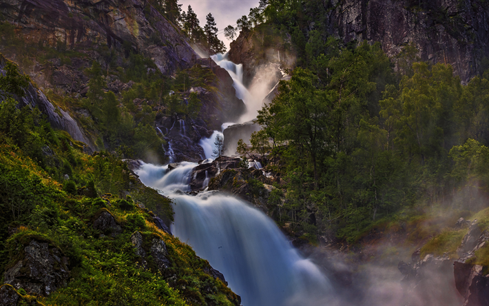 Norge, 4k, vattenfall, berg, sommar, Europa