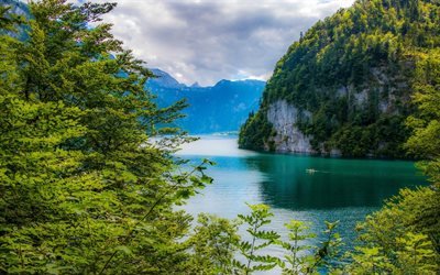 mountain lake, forest, mountains, Bavarian Alps, Konigssee lake, Bavaria, Germany