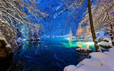 Kandersteg Valley, mountain lake, vinter, sn&#246;, skogen, Schweiz