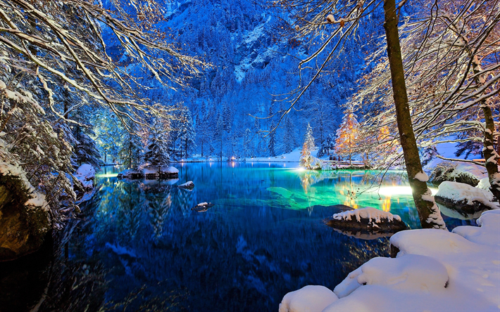 Kander Valley, mountain lake, winter, snow, forest, Switzerland