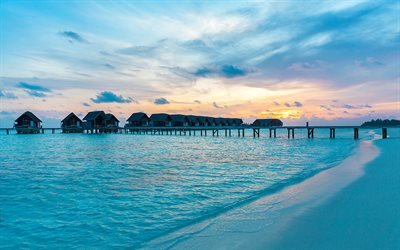 Maldiverna, kusten, Indiska Oceanen, sommar, bungalow, beach, resort