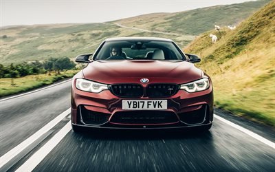 BMW M4, 2018, vista de frente, rojo m4, rojo coup&#233; deportivo, M4 a la derecha del volante, reino unido, BMW