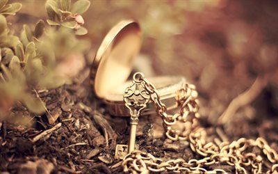 قلادة ذهبية, الرومانسية, المفتاح الذهبي, الأرض, العشب, مفتاح القلب