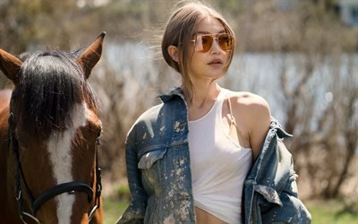4k, Gigi Hadid, 2018, photoshoot, horse, beauty, supermodels