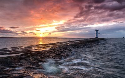 sunset, seascape, evening, sea, waves, lighthouse, Poland, Baltic Sea