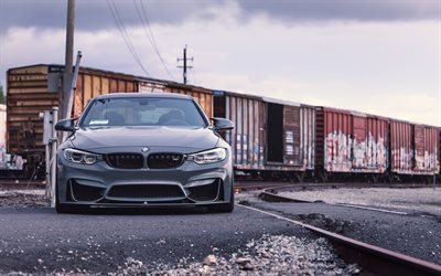 BMW M4, F82, front view, sports coupe, gray new m4, German cars, tuning M4 F82, Graphite M4, Railway station