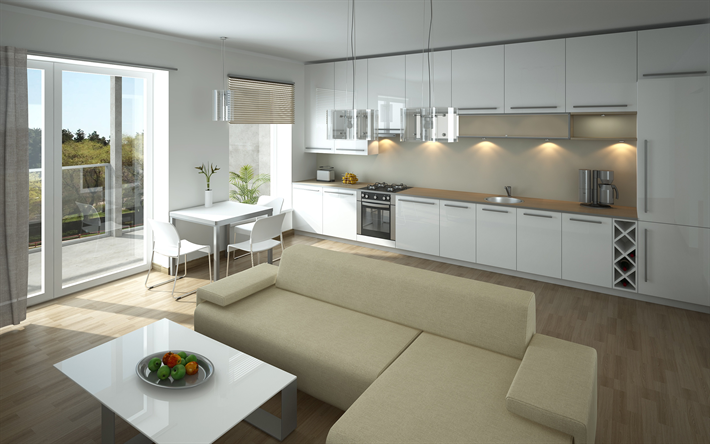 cucina soggiorno, combinato strutture, design moderno ed elegante, interni luminosi, minimale, moderno interior design