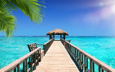 Bora Bora, ocean, bungalow, azurbl&#229; lagunen, v&#229;gor, resor, semester, tropiska &#246;ar, 4k