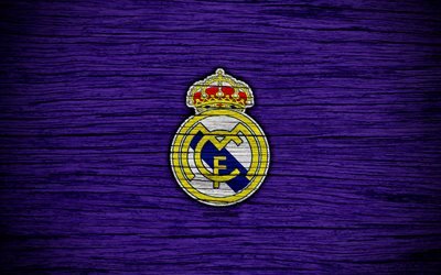 4k, Real Madrid FC, İspanya, mor arka plan, UEFA, ahşap doku, futbol, Real Madrid, Galacticos, Futbol Kul&#252;b&#252;, LaLiga, FC Real Madrid