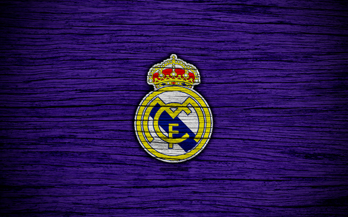 4k, Real Madrid FC, Spagna, sfondo viola, La Liga, di legno, texture, calcio, Real Madrid, Galacticos, football club, LaLiga, FC Real Madrid