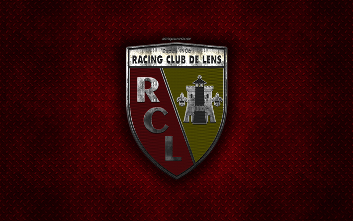 RC Lens, Ranskan football club, punainen metalli tekstuuri, metalli-logo, tunnus, Linssi, Ranska, League 2, creative art, jalkapallo