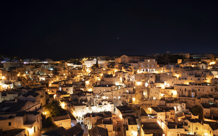 Matera, Basilicata, It&#225;lia, noite, paisagem urbana, c&#233;u da noite, bela cidade italiana