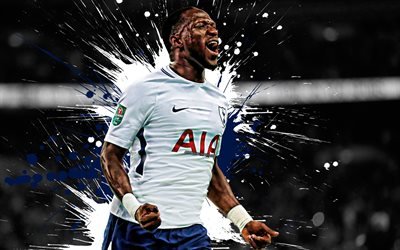 Moussa Sissoko, 4k, French football player, Tottenham Hotspur FC, midfielder, white-blue paint splashes, creative art, Premier League, England, football, grunge