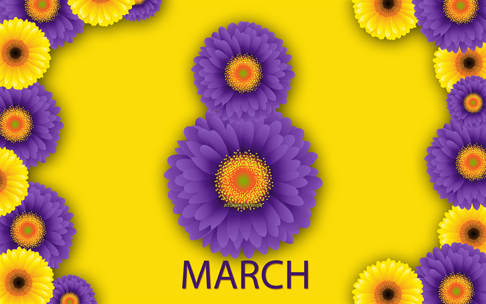 Happy Womens Day, March 8, creative art, purple flowers, 8 from flowers, international women&#39;s day, yellow background, March 8 postcard, spring, spring flowers, purple chrysanthemums