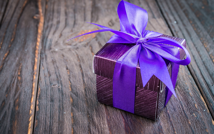 purple gift box, purple silk bow, wooden background, box, gifts