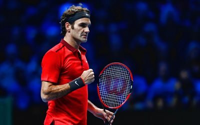 4k, Roger Federer, uniforme de color rojo, suiza, jugadores de tenis, ATP, el partido, atleta, Federer, pista de tenis, HDR