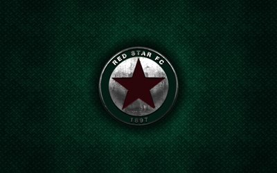 Estrela vermelha FC, Clube de futebol franc&#234;s, verde textura do metal, logotipo do metal, emblema, Paris, Fran&#231;a, Liga 2, arte criativa, futebol