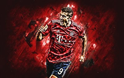 Robert Lewandowski, O Bayern de Munique FC, atacante, alegria, pedra vermelha, famosos jogadores de futebol, futebol, Polon&#234;s de futebol, grunge, Bundesliga, Alemanha, Lewandowski