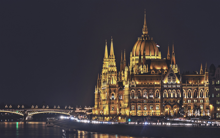 Le parlement de Budapest, les paysages nocturnes, les monuments de Budapest, B&#226;timent du Parlement hongrois, paysages urbains, Danube, Budapest, Hongrie