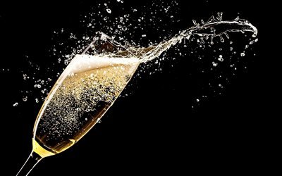 champagne, salpicaduras de agua, copa de champ&#225;n, fondo negro, bebidas, vidrio