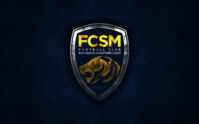 2 FC Sochaux-Montbeliard, Fransız Futbol Kul&#252;b&#252;, mavi metal doku, metal logo, amblem, Montbeliard, Fransa, İzle, yaratıcı sanat, futbol