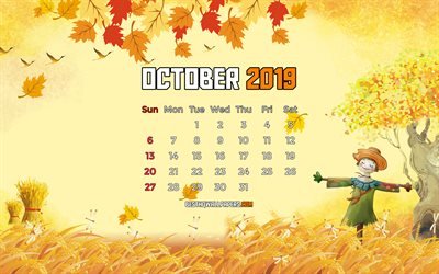 日2019年カレンダー, 4k, 秋の景観, 2019年カレンダー, 漫画風景, 日2019年, 抽象画美術館, カレンダー月2019年, 作品