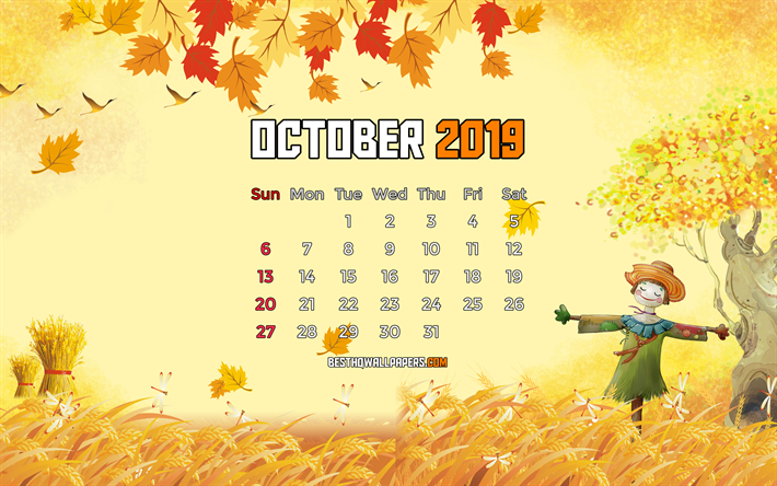 Octobre 2019 Calendrier, 4k, paysage d&#39;automne, 2019 calendrier, dessin anim&#233; paysage, octobre 2019, de l&#39;art abstrait, Calendrier octobre 2019, des illustrations, des calendriers 2019