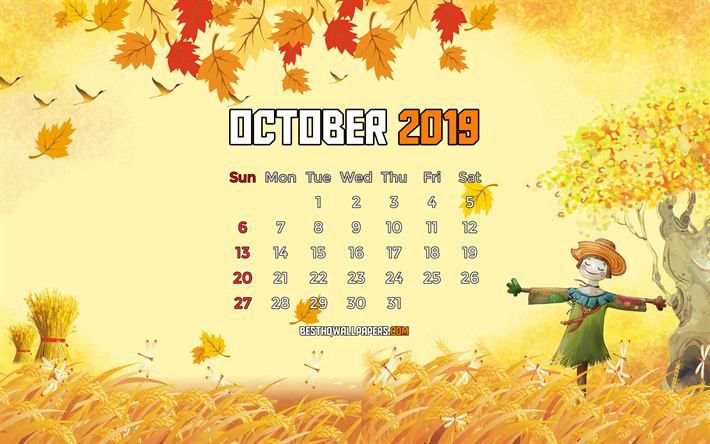 Oktober 2019 Kalender, 4k, h&#246;sten landskap, 2019 kalender, tecknat landskap, Oktober 2019, abstrakt konst, Kalender Oktober 2019, konstverk, 2019 kalendrar