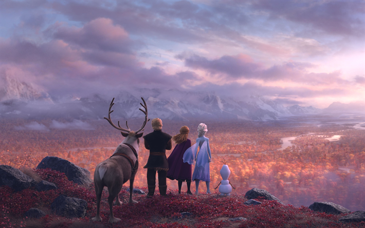Surgel&#233;s 2, 2019, 4k, de la promo, de l&#39;affiche, tous les personnages, Anna, Elsa, Cerf, paysage de montagne